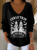 Women's Girls Trip Salem Witch Print V Neck Sweater