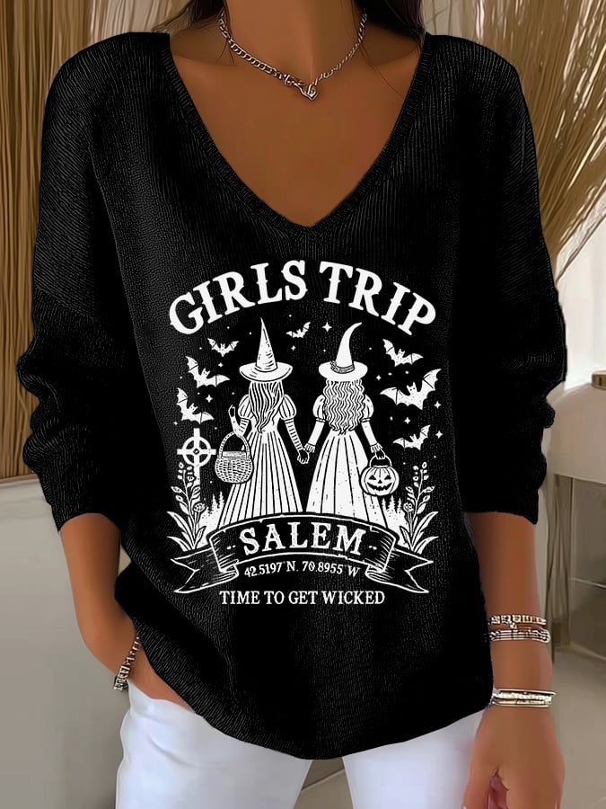 Women's Girls Trip Salem Witch Print V Neck Sweater
