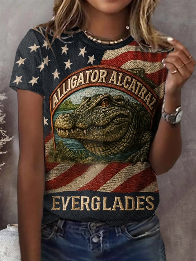 Women's Retro Alligator Alcatraz Everglades Printed T-Shirt