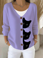 Women's Halloween Fun Black Cat Print Cardigan Sweater