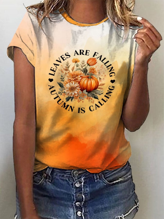 Women's Vintage Pumpkin Flowers LEAVES ARE FALLIN AUTUMN IS CALLING Pattern Print T-Shirt