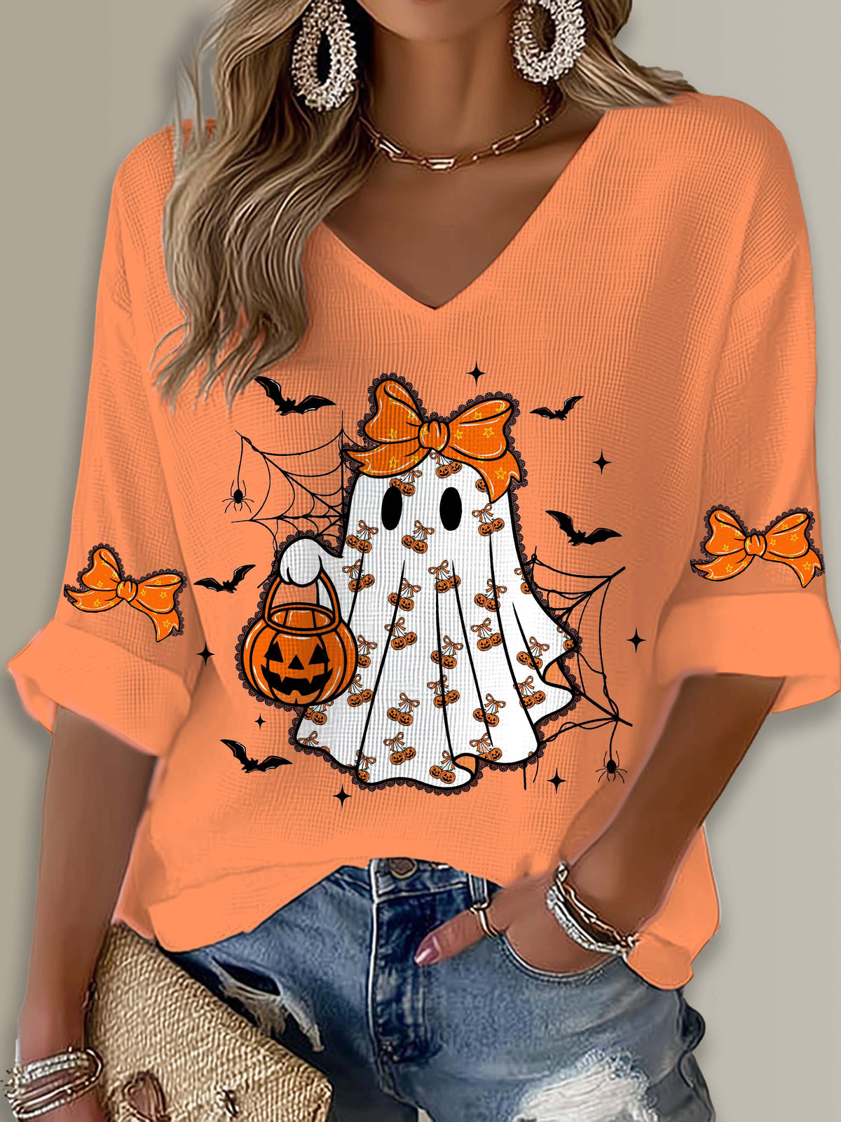 Halloween Pumpkin Ghost Printed Long Sleeve Top
