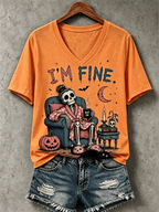 Women's Halloween I'm Fine Print V Neck T-Shirt