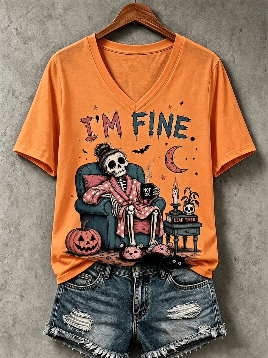 Women's Halloween I'm Fine Print V Neck T-Shirt