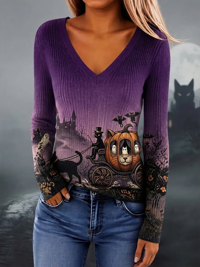 Women's Halloween Scary Pumpkin Face Cat Art Print Top