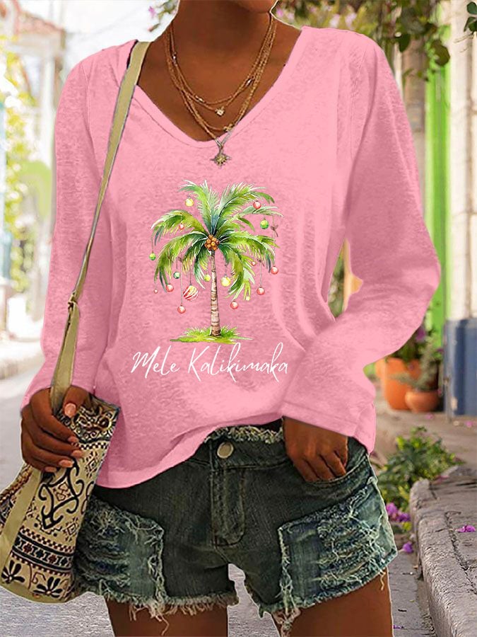 Women's Casual Mele Kalikimaka Printed Long Sleeve T-Shirt