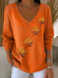 Women's Autumn Maple Leaf Striped Long-Sleeved Top