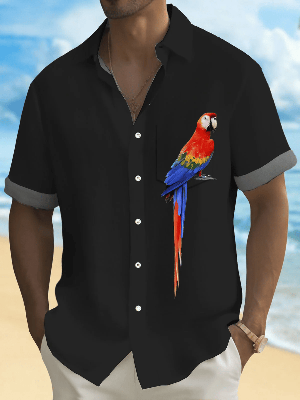 Men's Hawaiian Shirt Flora Parrot Print Pocket Short Sleeve Shirt