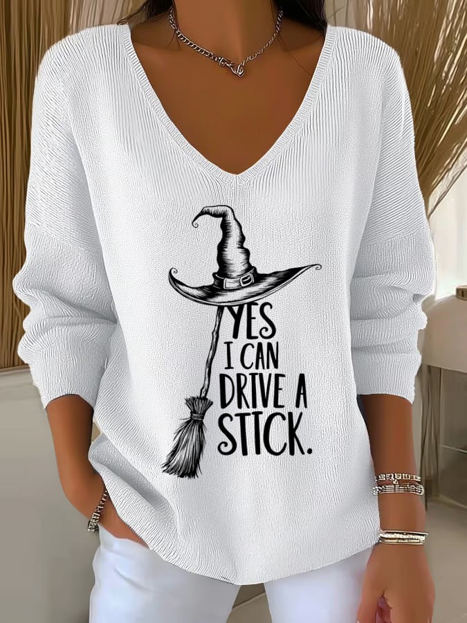 Women'S Witch "Yes I Can Drive A Stick"  Print Drop Shoulder Sweater