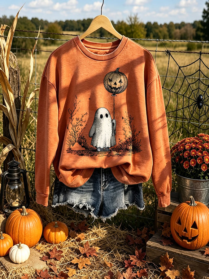 Retro Halloween Pumpkin Ghost Horror Print Sweatshirt
