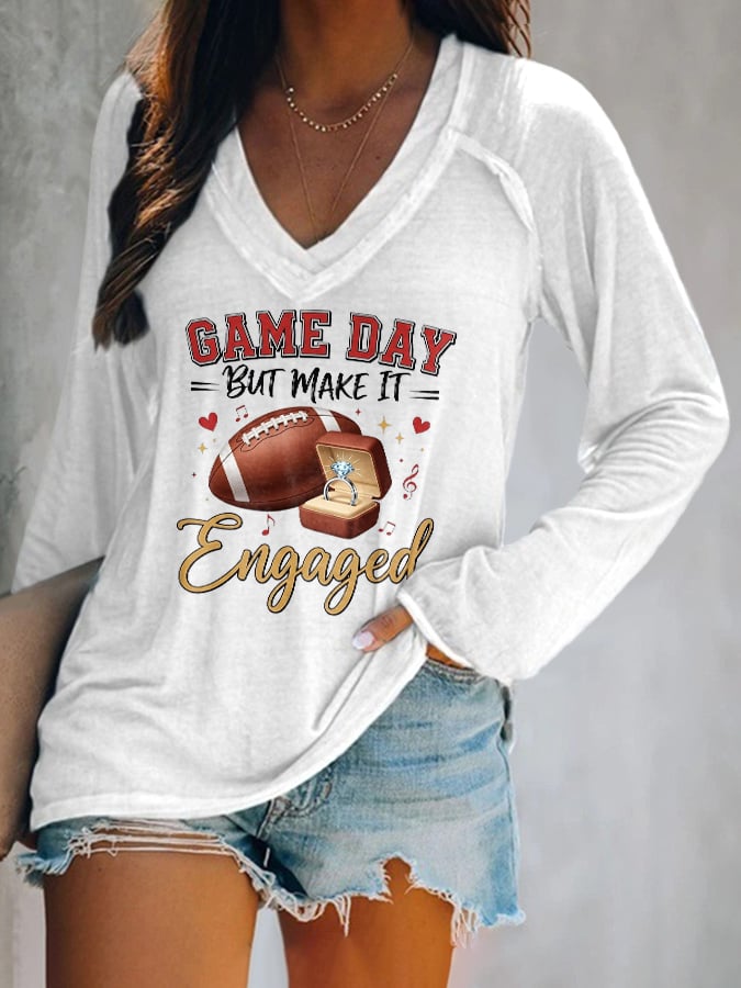V-neck Retro Football Game Day But Make It Engaged Print T-Shirt