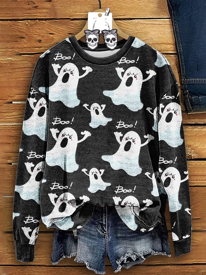 Women's Halloween Ghost Print Crew Neck Sweatshirt