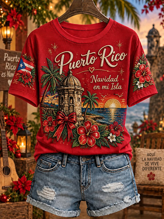 Women's Puerto Rico Christmas Print Casual T-shirt