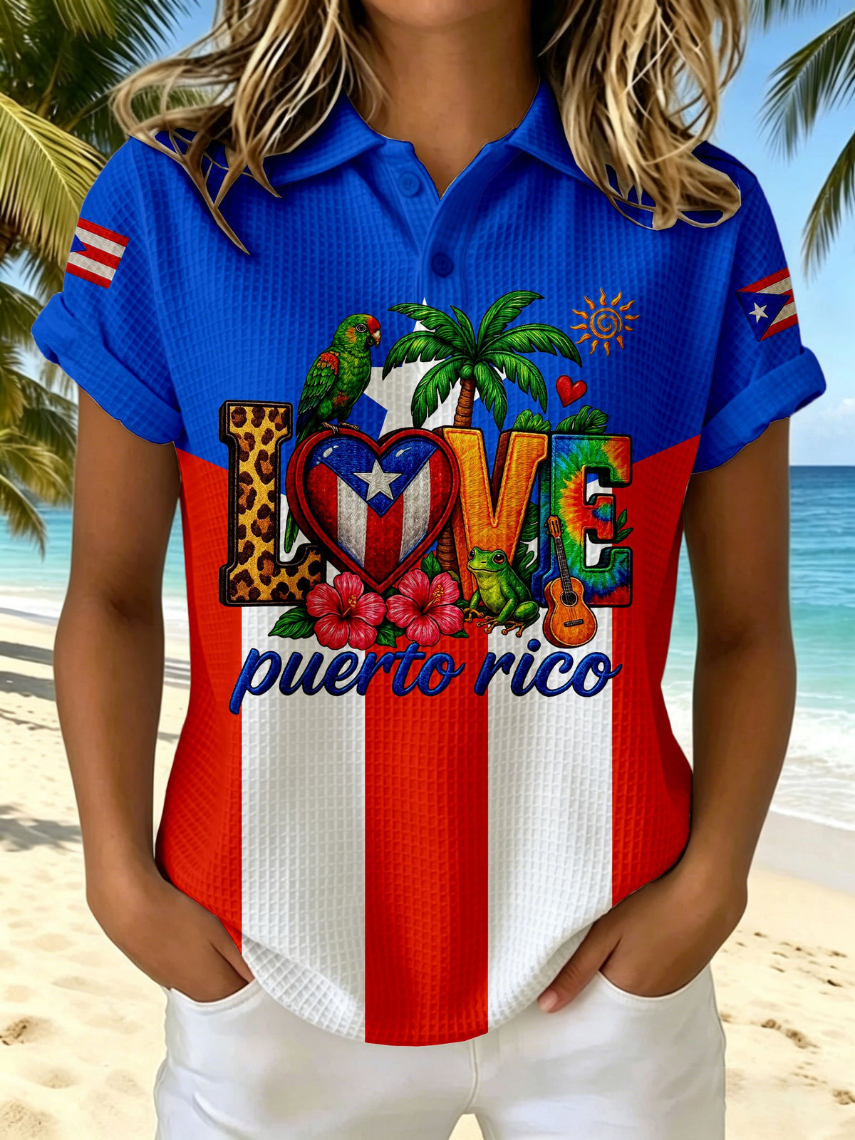Women's Puerto Rico Love Print Polo Shirt