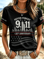 Women's "Never Forget 9/11" Pattern Comfortable Crew Neck Retro T-Shirt