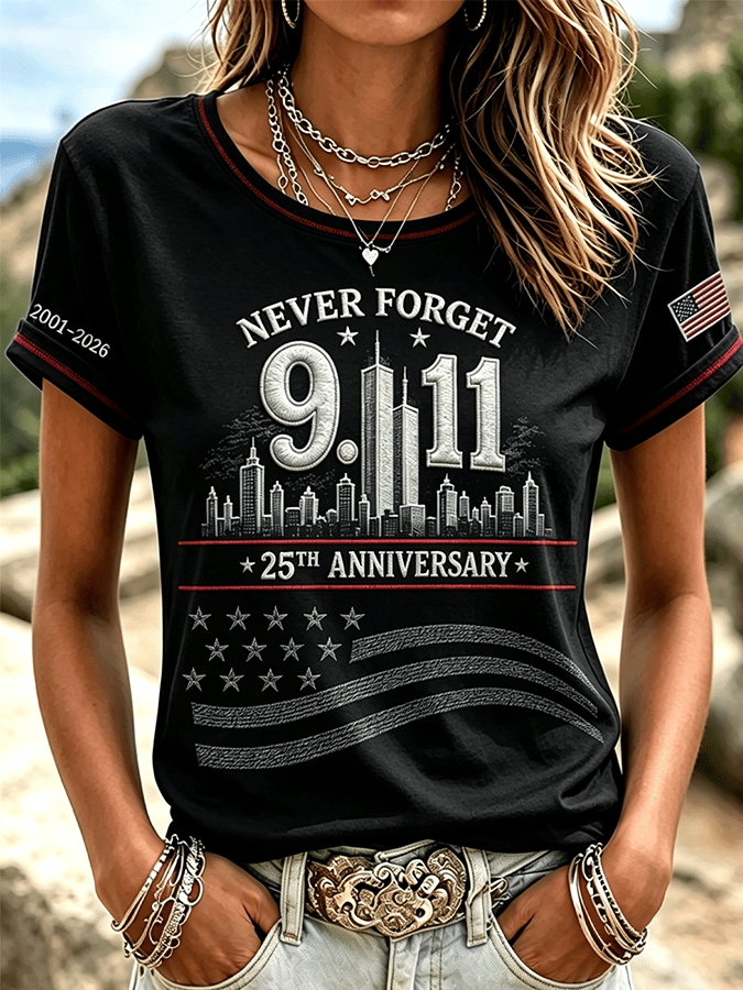 Women's "Never Forget 9/11" Pattern Comfortable Crew Neck Retro T-Shirt
