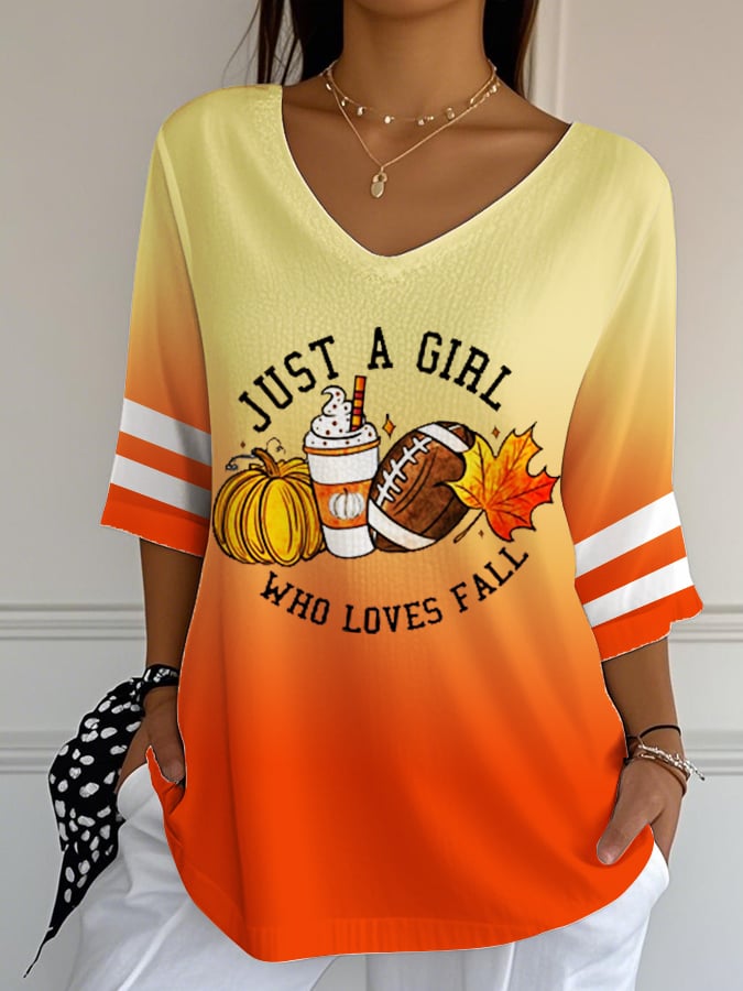 Women'S Vintage Pumpkin Maple Leaf JUST A GIRL WHO LOVES FALL Print V-Neck T-Shirt