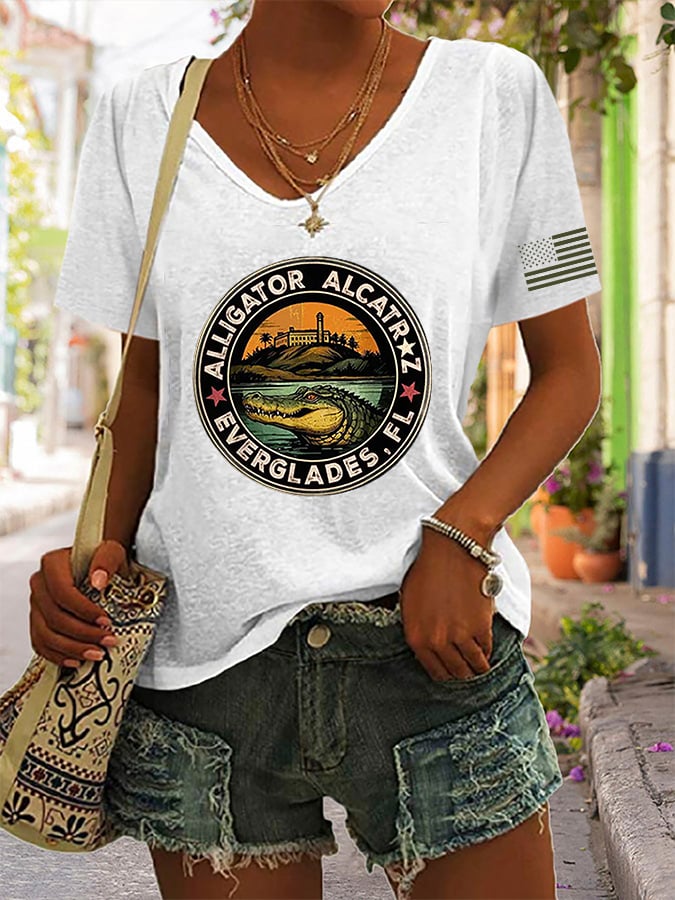 Women's Alligator Alcatraz Funny Florida Everglades Dark Humor Print V Neck Casual T-Shirt
