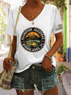 Women's Alligator Alcatraz Funny Florida Everglades Dark Humor Print V Neck Casual T-Shirt