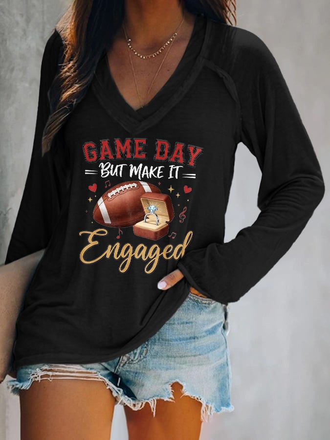 V-neck Retro Football Game Day But Make It Engaged Print T-Shirt