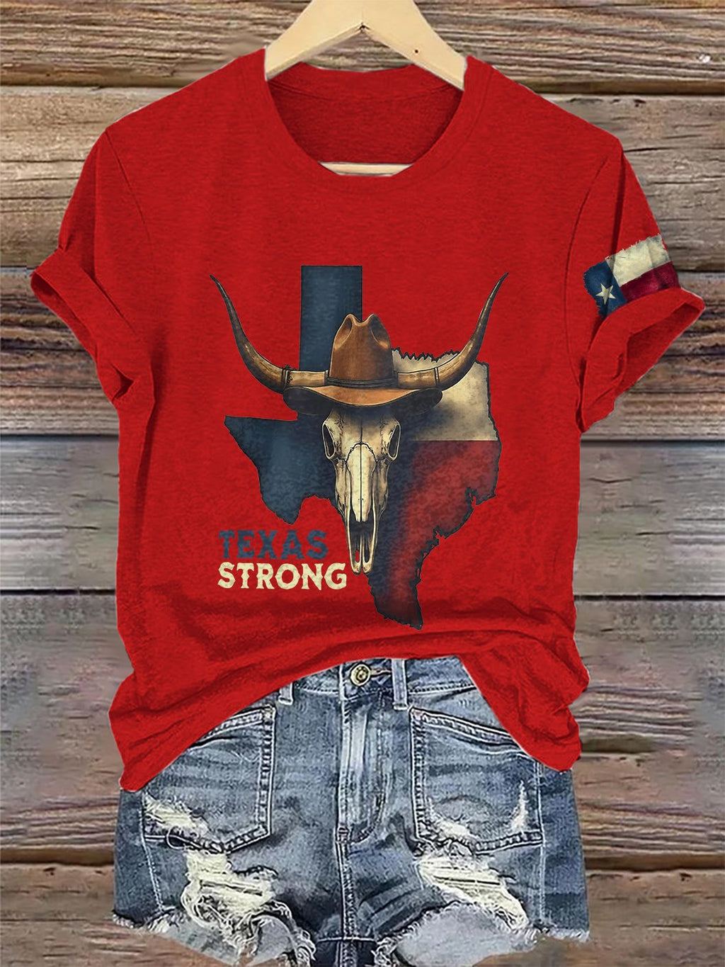 Retro Texas Strong Cow Skull Texas State Flag Print T-Shirt