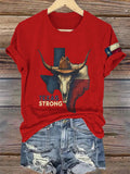Retro Texas Strong Cow Skull Texas State Flag Print T-Shirt
