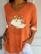 Women's Autumn Pumpkin Striped Three-quarter Sleeve Top