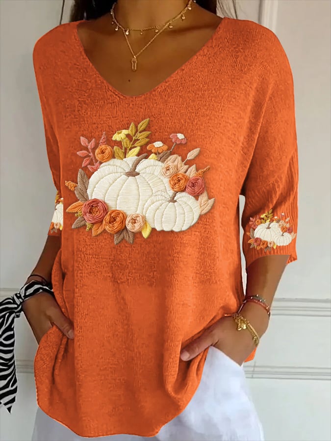 Women's Autumn Pumpkin Striped Three-quarter Sleeve Top