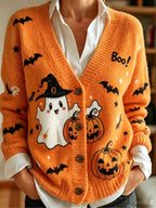 Women's Casual V-Neck Halloween Print Cardigan