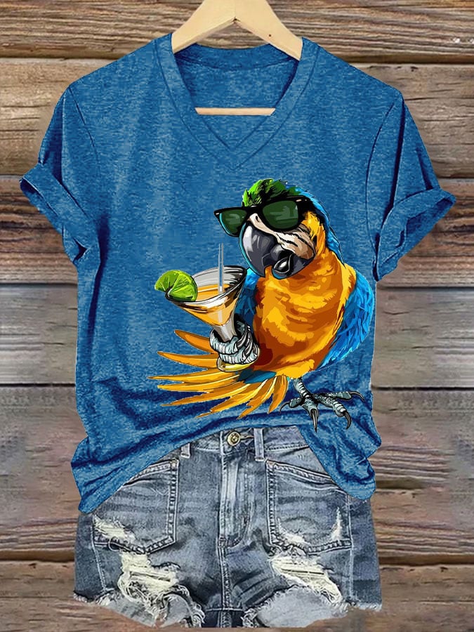 Women's  Funny Drinking Parrot Print T-Shirt