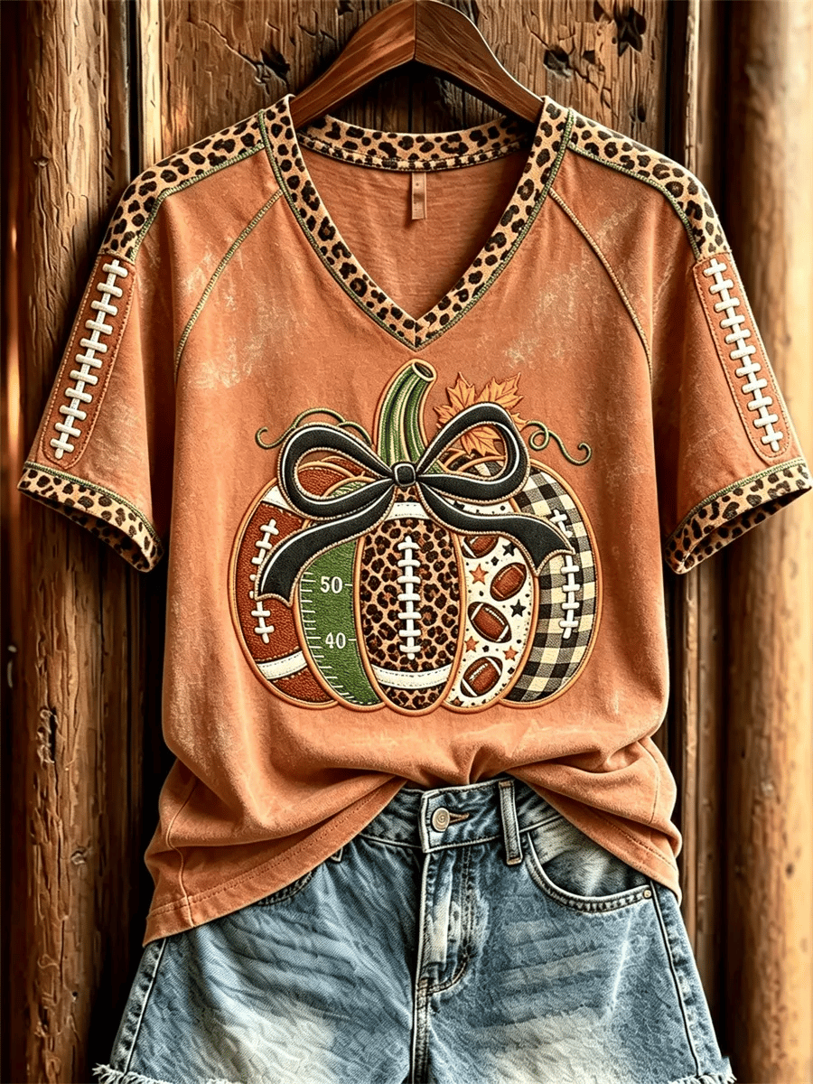 Women's Football Inspired Fall Pumpkin Print T-shirt
