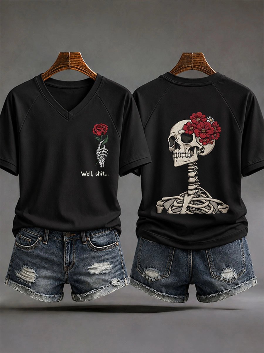 Women's Retro Halloween Well, Shit... Print V Neck T-Shirt