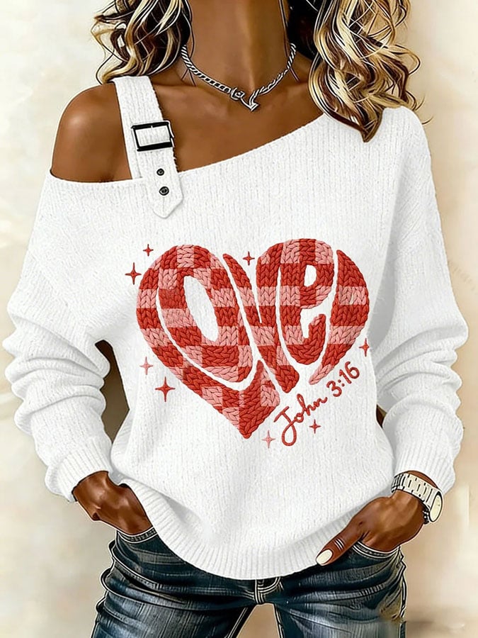 Women's Valentine's Day Print Off-Shoulder Knit Top