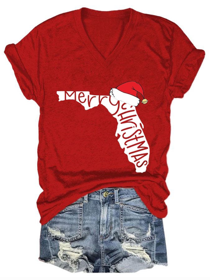 Women's Casual Florida Map Christmas Print T-Shirt