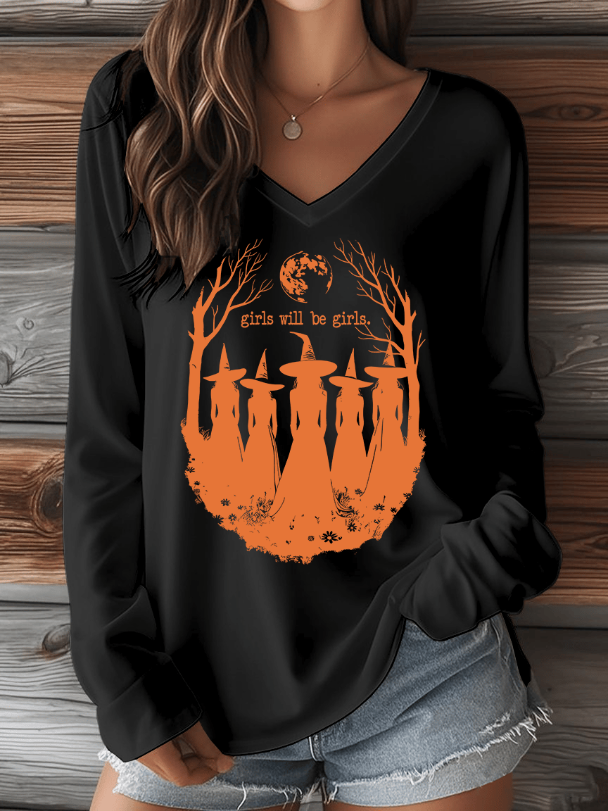 Women's Halloween Girls Will Be Girls. Print V-Neck Long Sleeve T-Shirt