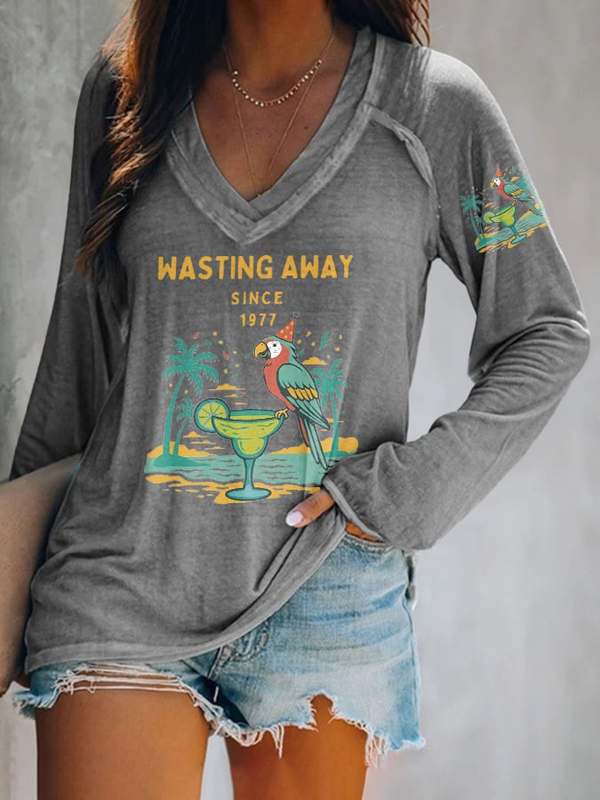 V-neck Retro Parrot Margarita Wasting Away Since 1977 Print T-Shirt