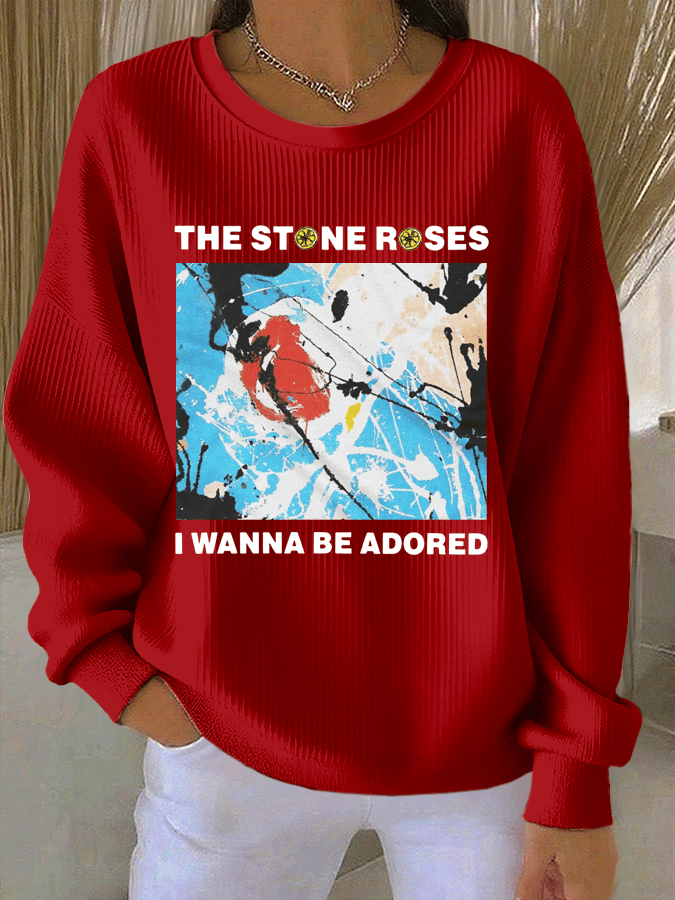 Women's Music Print Knit Crew Neck Long Sleeve Top
