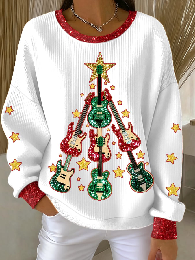 Women's Guitar Christmas Tree Art Print Sweatshirt