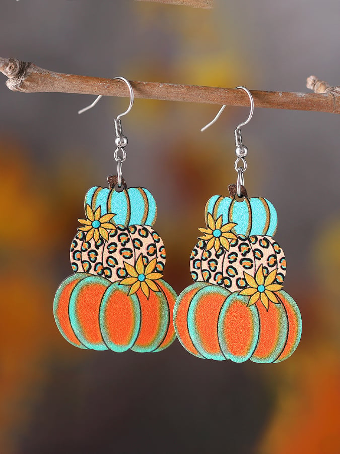 Women's Autumn Harvest Polka Dot Check Pumpkin Flower Pendant Earrings Wooden Double-Sided Earrings