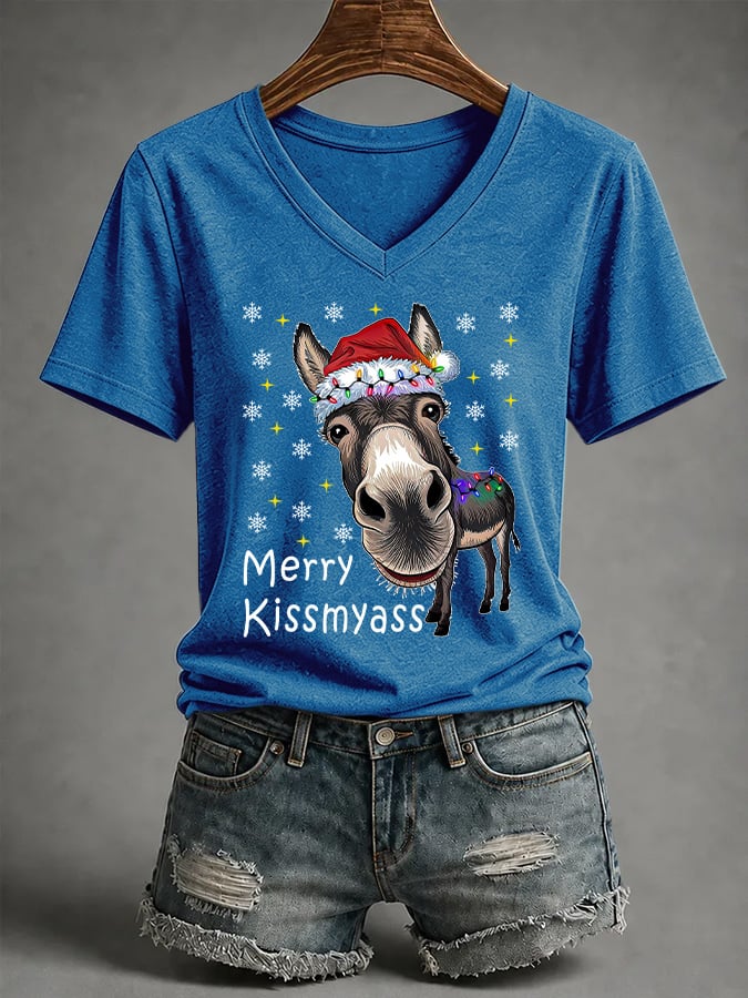 V-Neck Retro Funny Christmas Donkey Merry Kissmyass Print T-Shirt