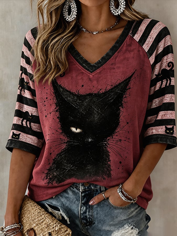 Women's Black Cat Striped Casual T-Shirt