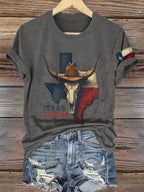 Retro Texas Strong Cow Skull Texas State Flag Print T-Shirt