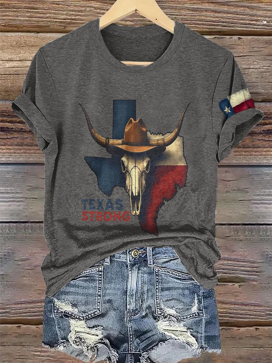 Retro Texas Strong Cow Skull Texas State Flag Print T-Shirt
