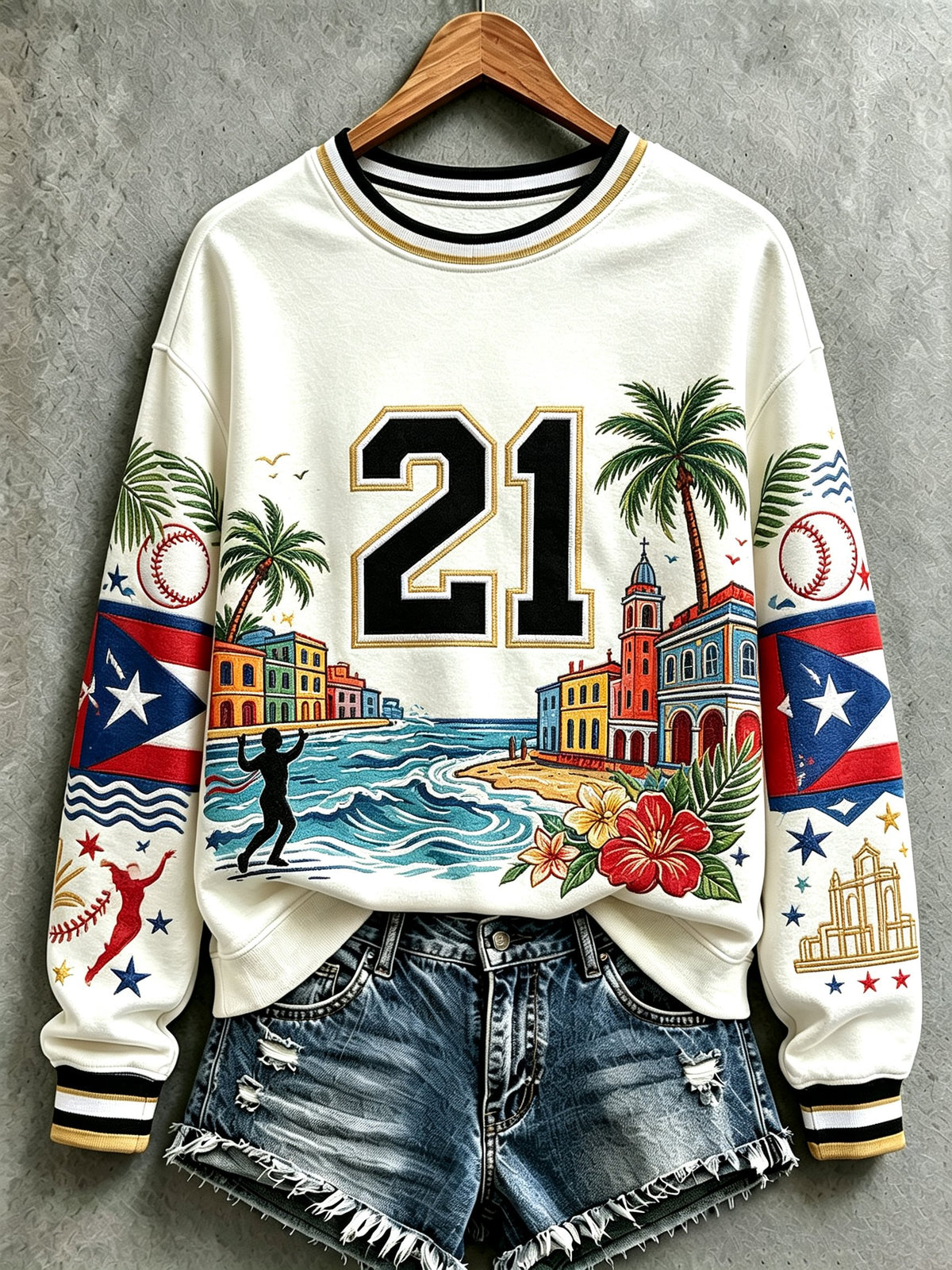 Women's Puerto Rico Baseball  Printed Casual Regular Sweatshirt