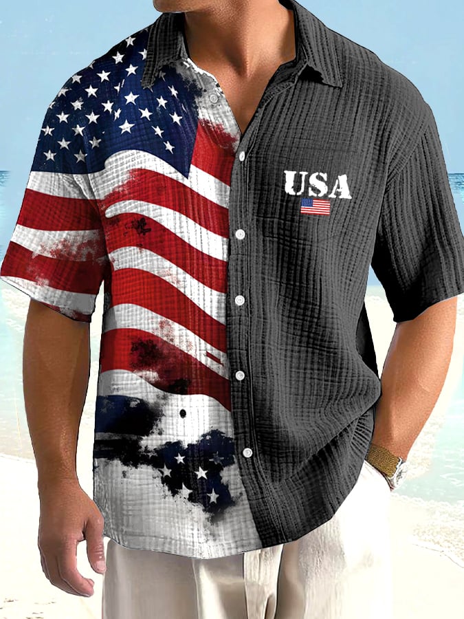 Men's Vintage Independence Day Flag Print Casual Shirt (With Pockets)