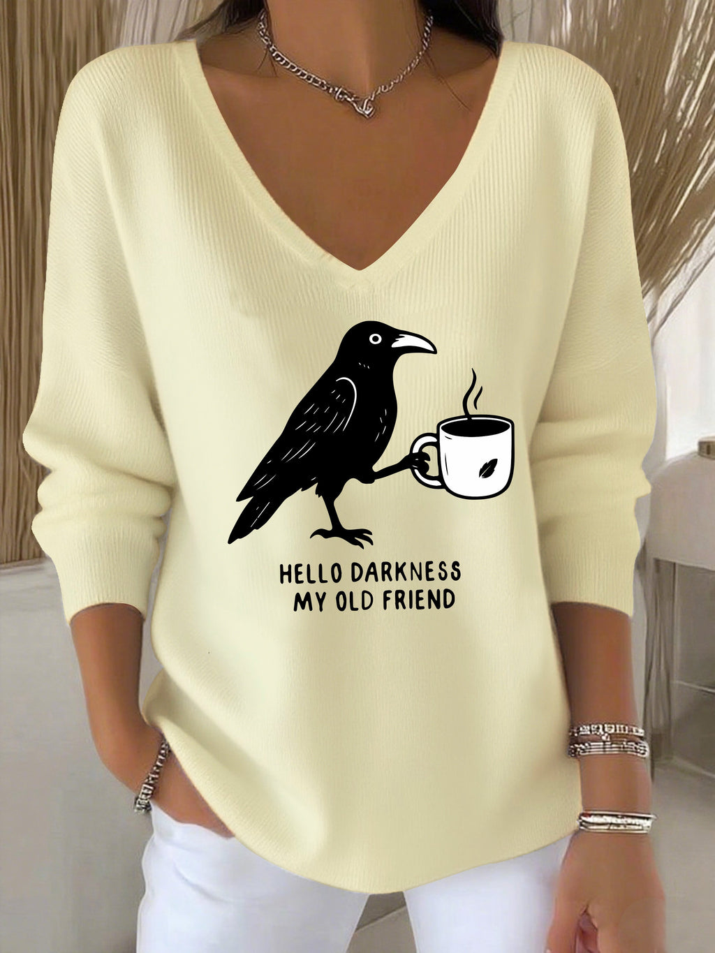Women's Autumn Hello My Old Friend Crow Print Casual Top