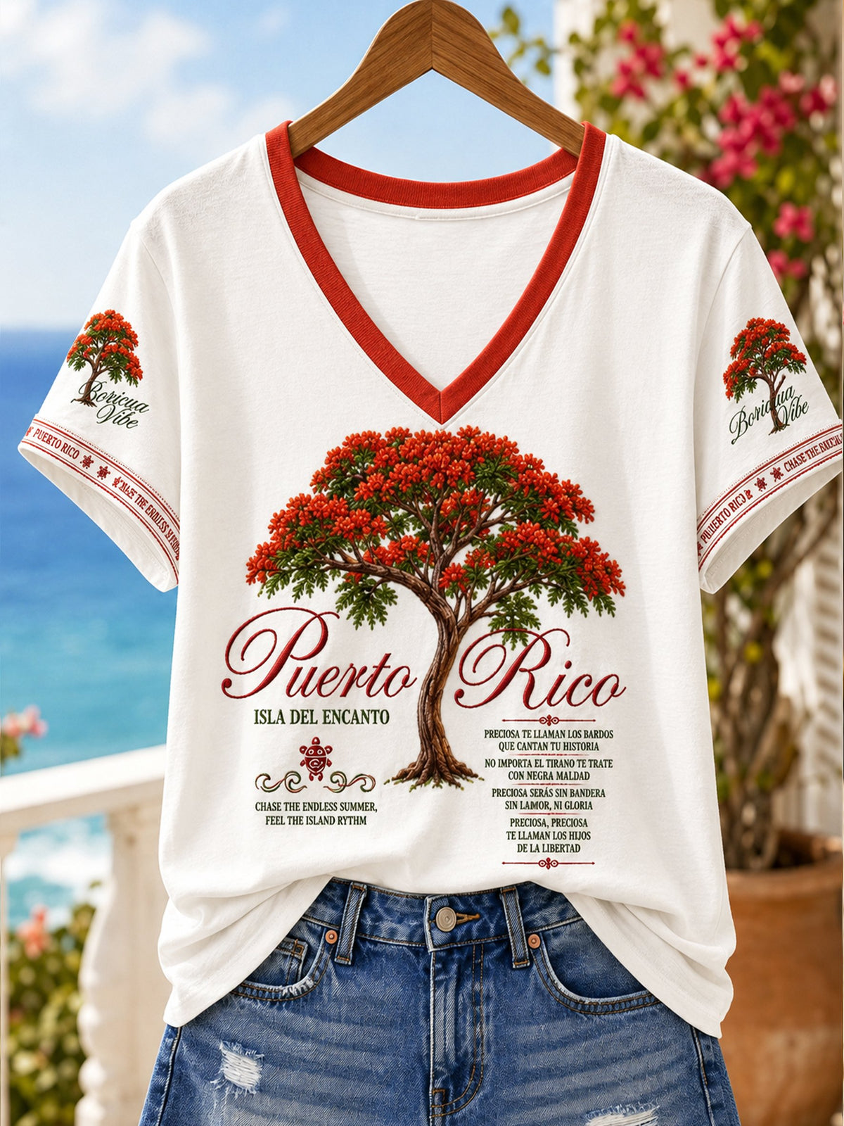 Women's Puerto Rican Print V-Neck Top