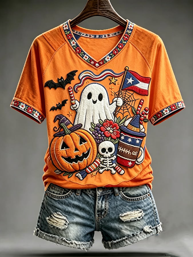 Women's Casual Boricua Halloween Printed Short-Sleeve T-Shirt