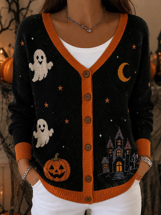 Women's Casual Halloween-Print Knit Cardigan