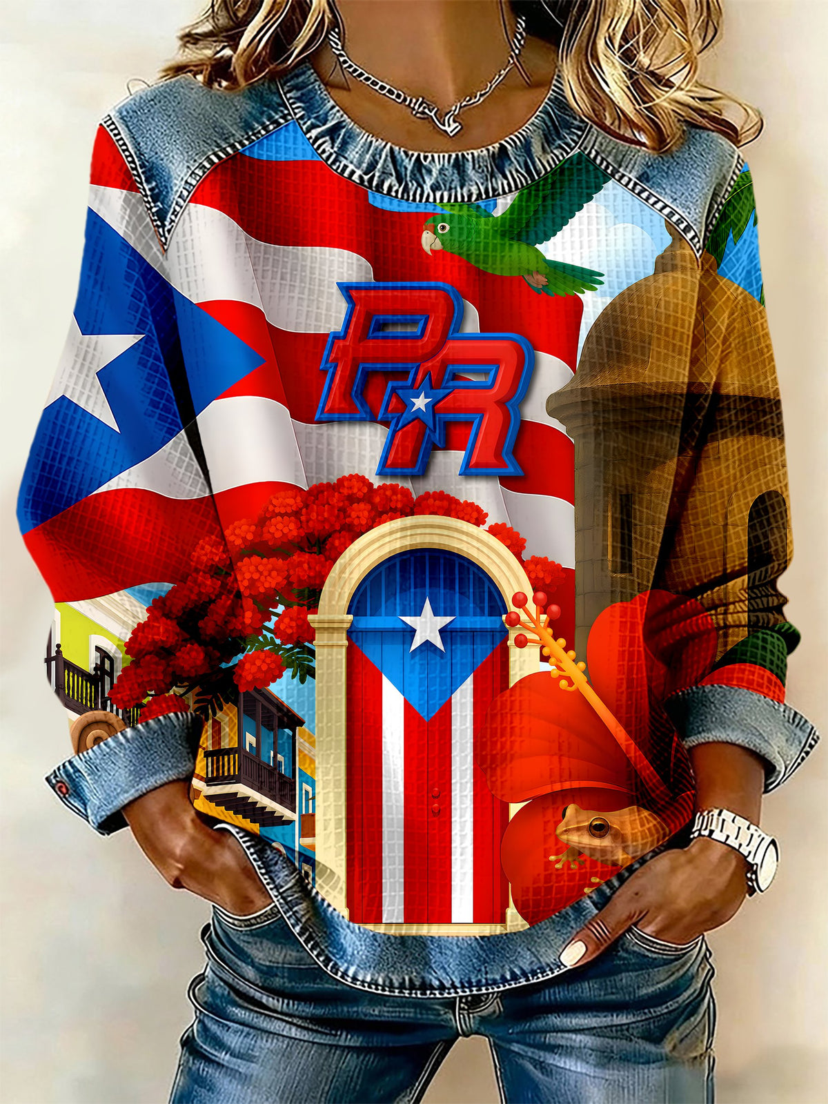 Puerto Rico Christmas Printed Patchwork Casual Sweatshirt